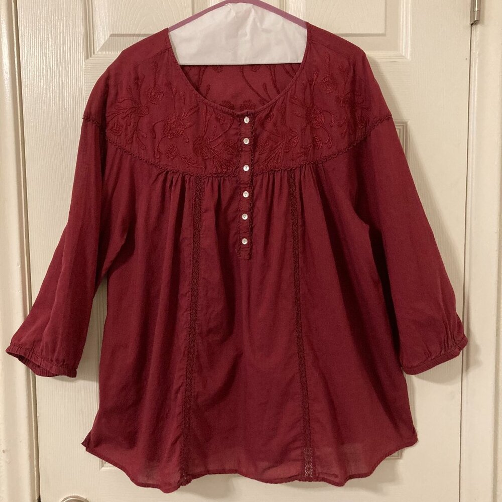 Excellent Condition, SZ L, 100% COTTON, Embroidered Peasant Top, Burgundy